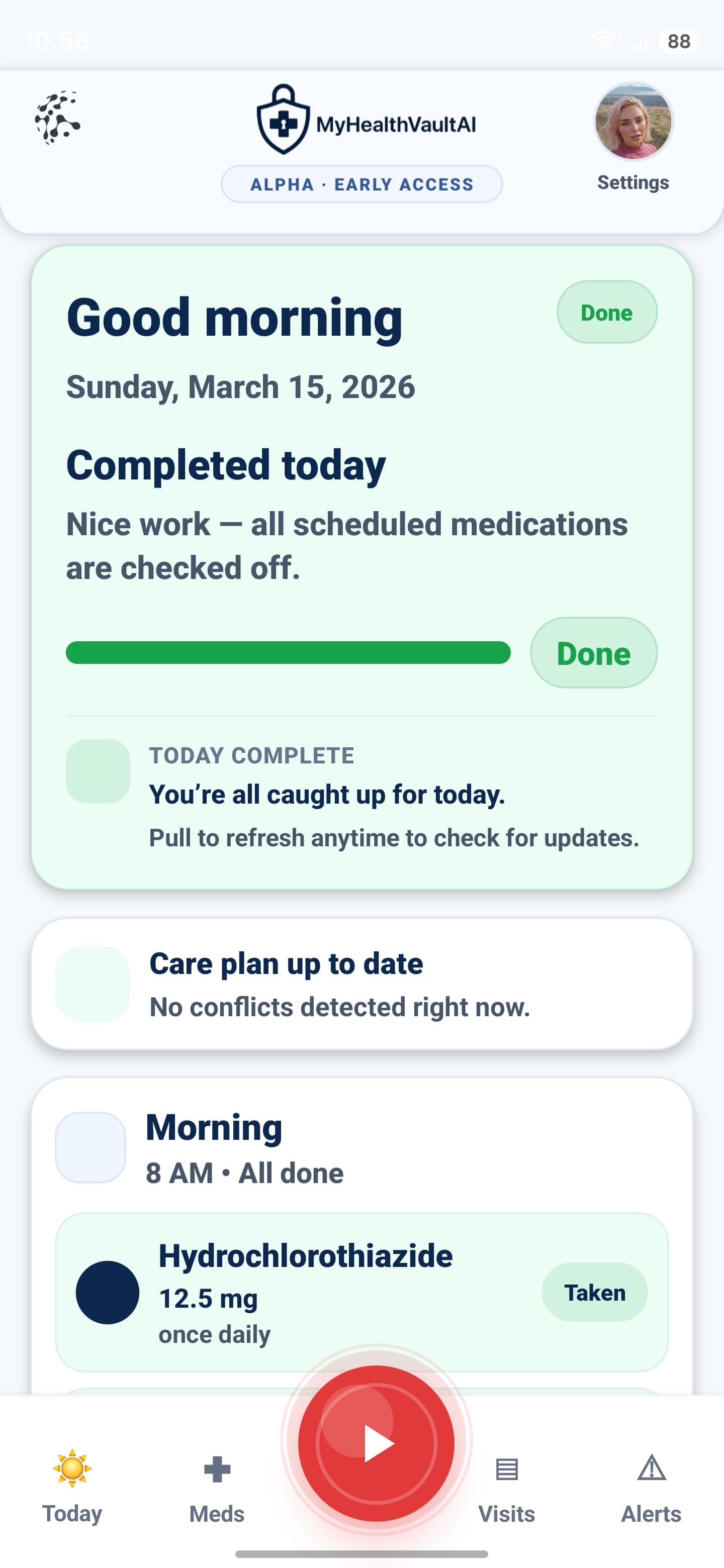 MyHealthVaultAI daily care dashboard screen