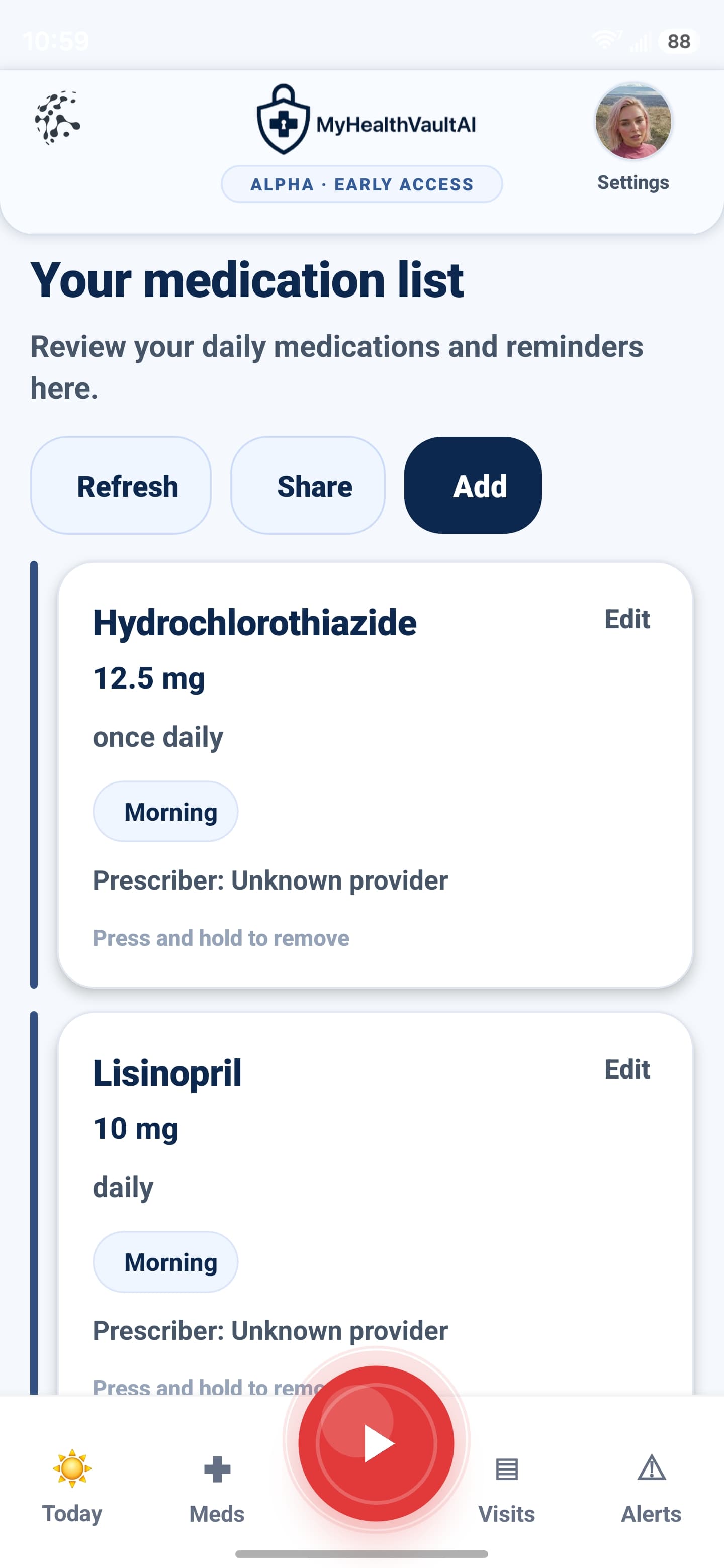 MyHealthVaultAI medication list screen
