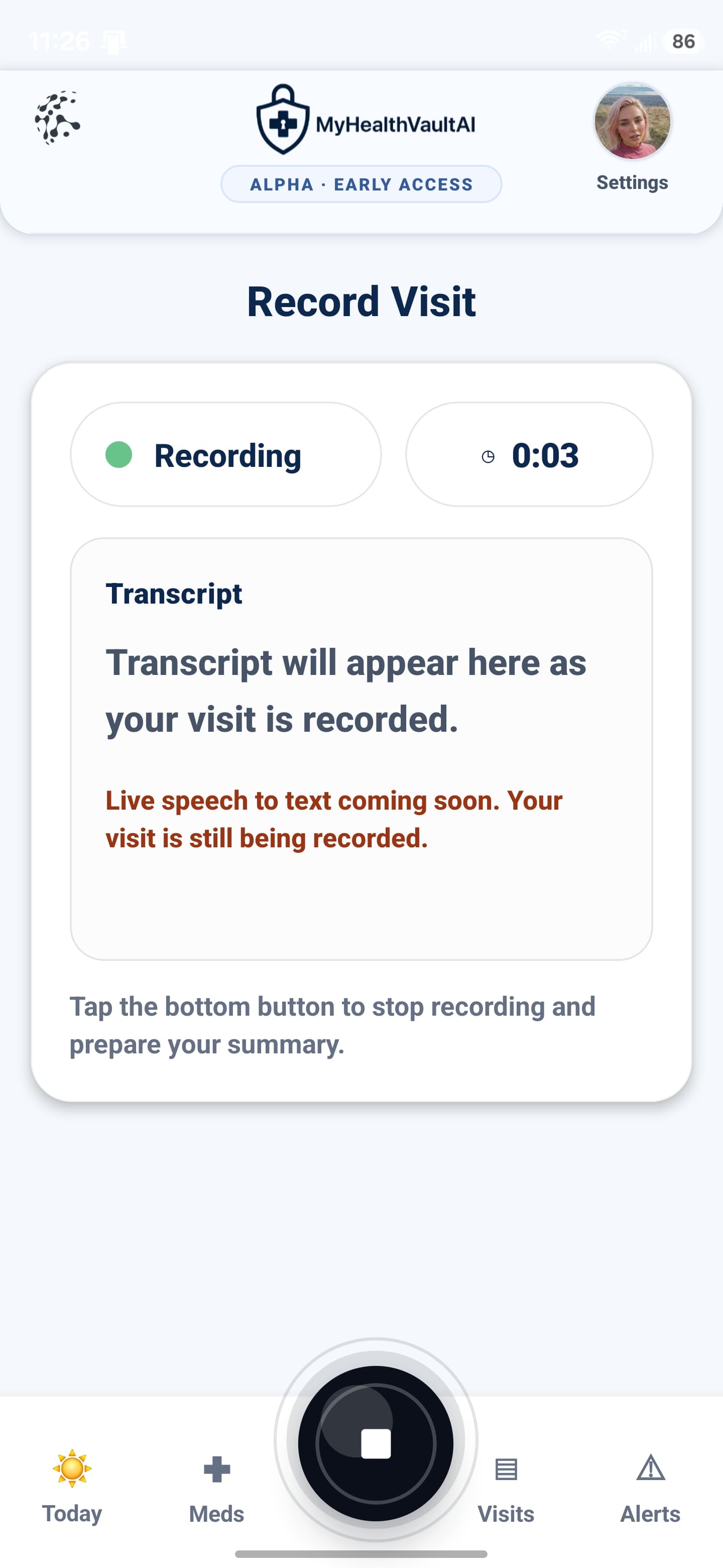 MyHealthVaultAI record visit screen